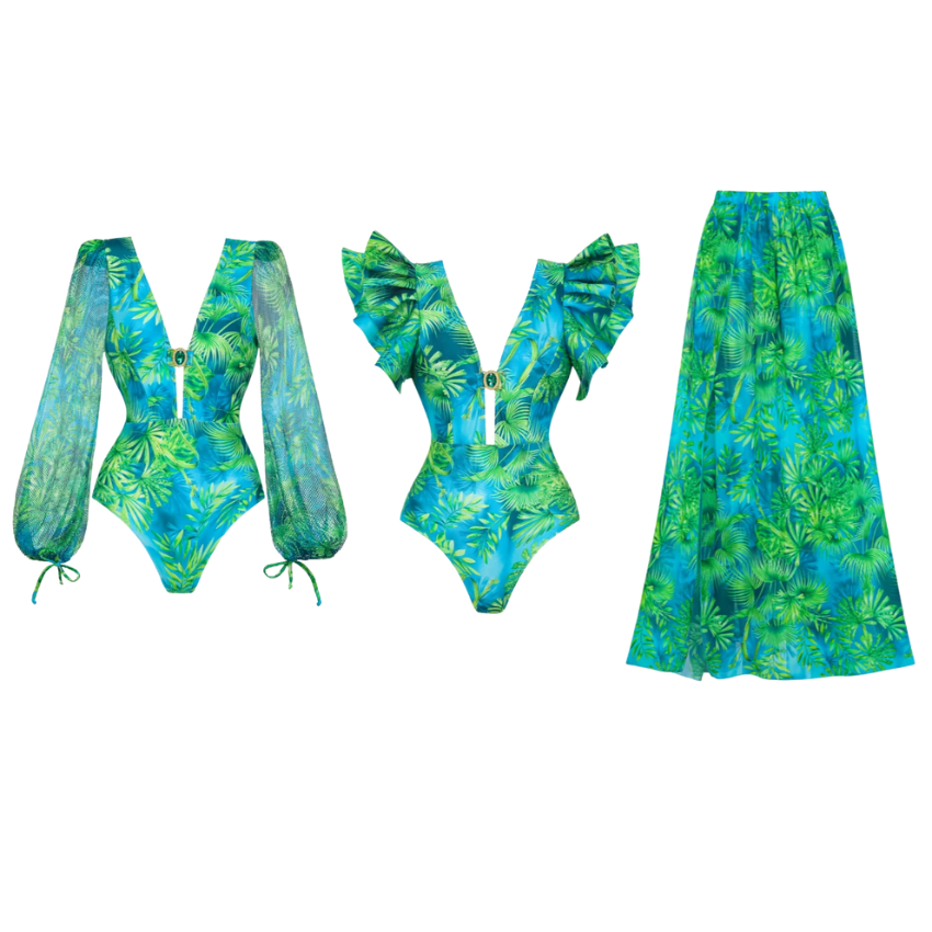 Ruffled Jungle Green Print One Piece  Swimsuit and Skirt