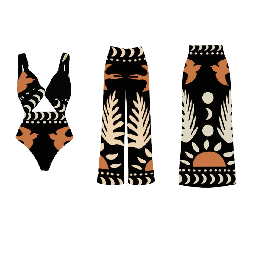Retro Print Cutout One Piece Swimsuit and Skirt Flaxmaker