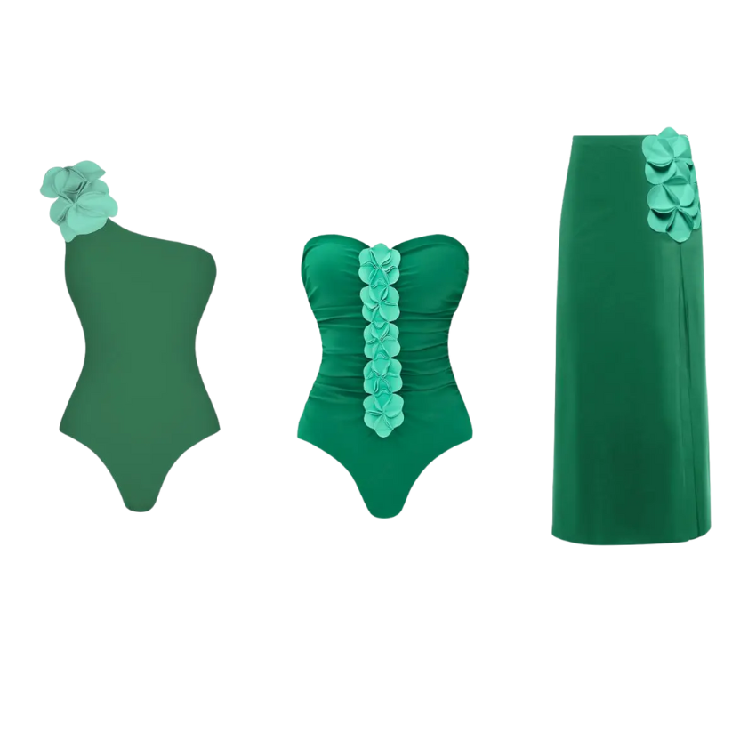 Oblique Shoulder 3D Flower One Piece Swimsuit and Skirt