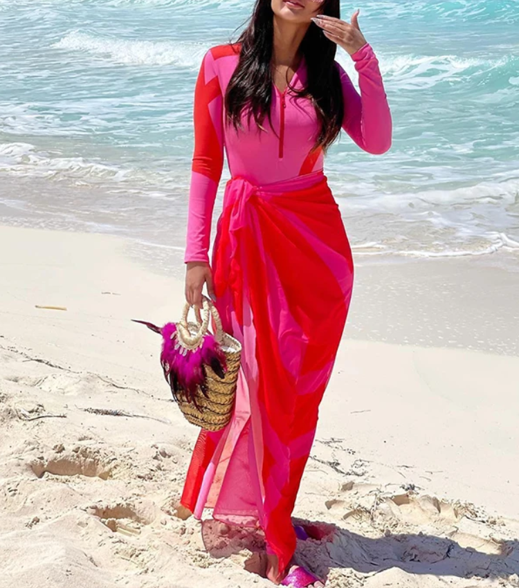 Color Block Long Sleeve Zip Front One Piece Swimsuit and Sarong