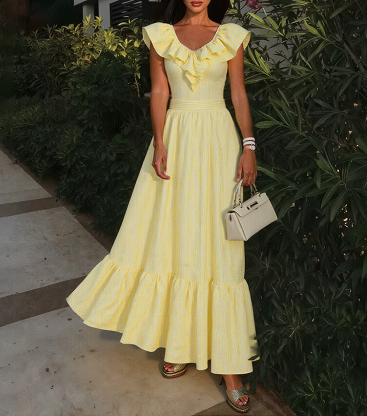 V Neck Ruffle Striped Print One Piece Swimsuit and Skirt