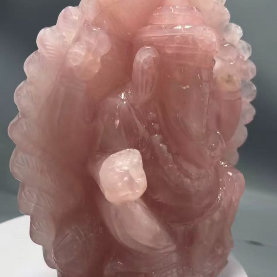 ローズクォーツ　ガネーシャ彫刻置物