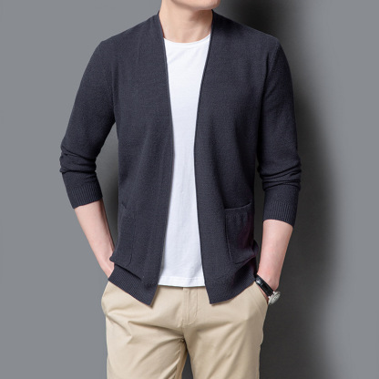 不縮水男士純色羊毛針織開襟衫