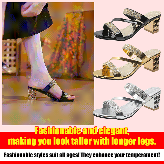 Rhinestone Chunky Heel Open Toe Slippers