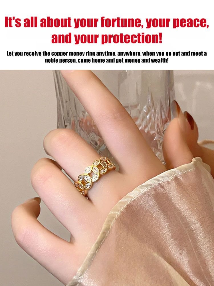 Lucky Copper Coin Open Ring with Rhinestones