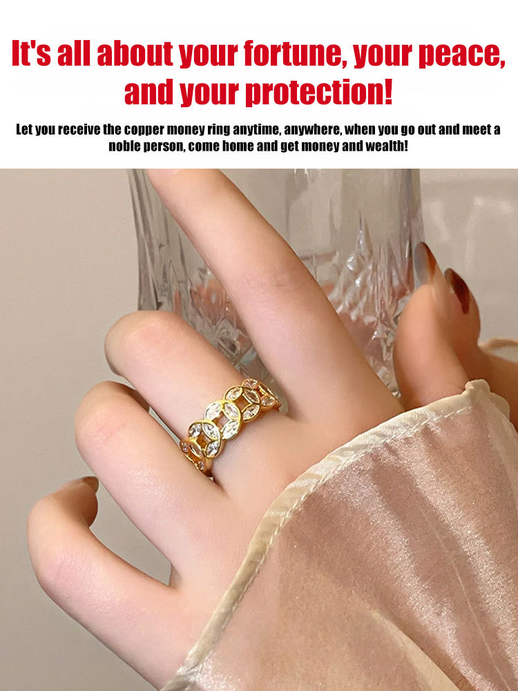 Lucky Copper Coin Open Ring with Rhinestones
