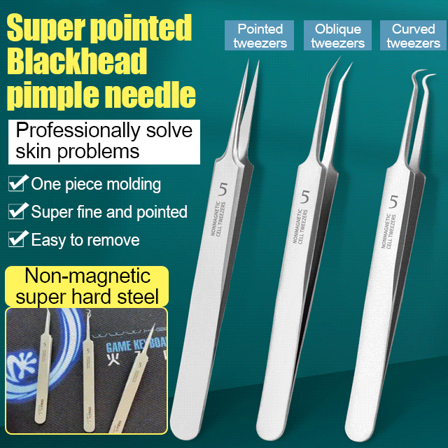 🪡Stainless Steel Acne and Blackhead Tweezers🧰Straight tip, 145° angled tip, 128° hook, covering all facial cleansing needs.