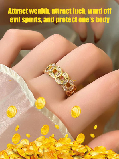 Lucky Copper Coin Open Ring with Rhinestones