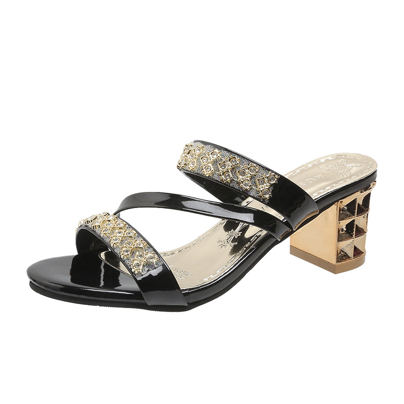Rhinestone Chunky Heel Open Toe Slippers