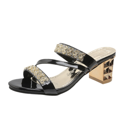 Rhinestone Chunky Heel Open Toe Slippers