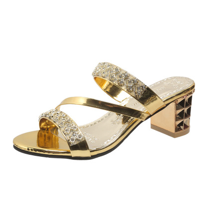 Rhinestone Chunky Heel Open Toe Slippers