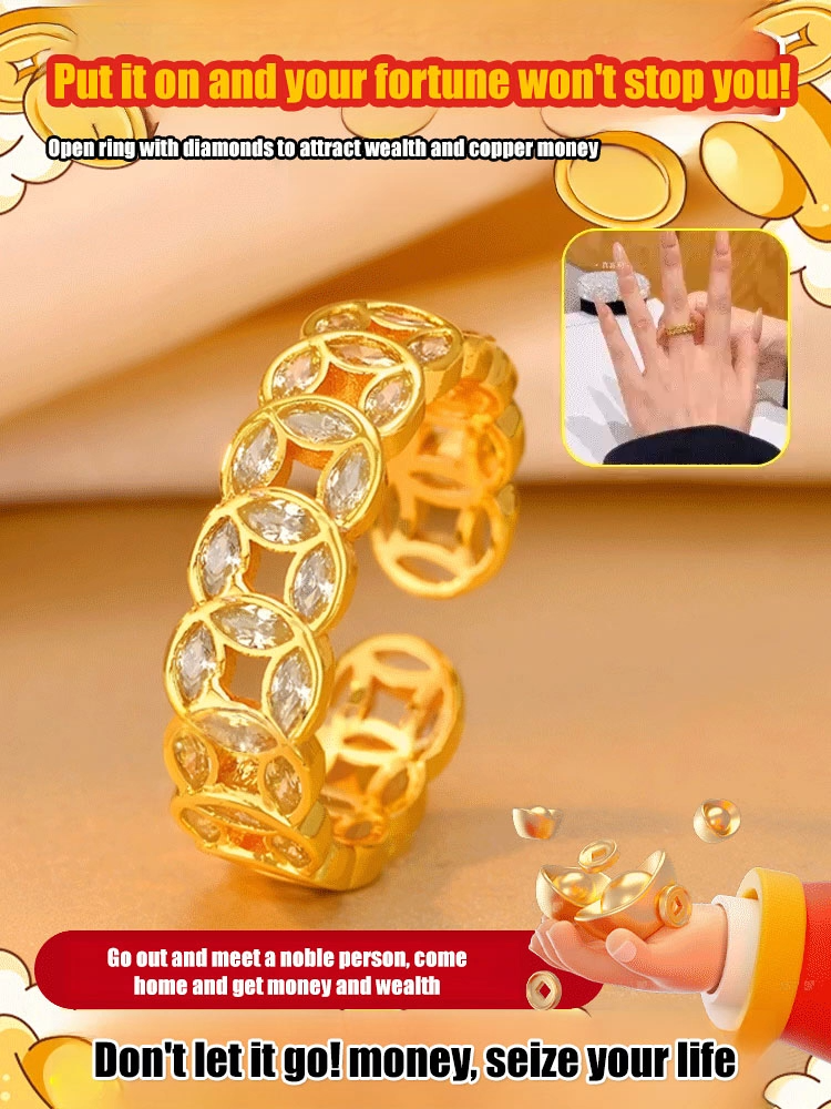 Lucky Copper Coin Open Ring with Rhinestones