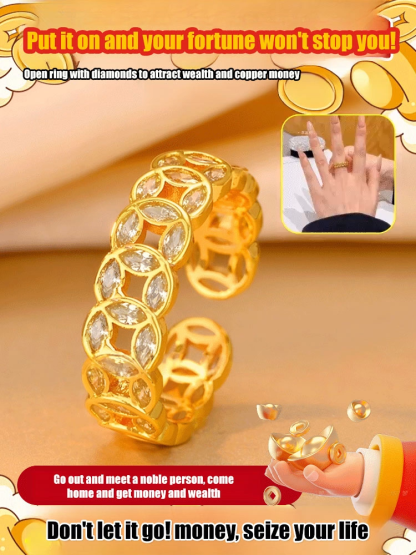 Lucky Copper Coin Open Ring with Rhinestones