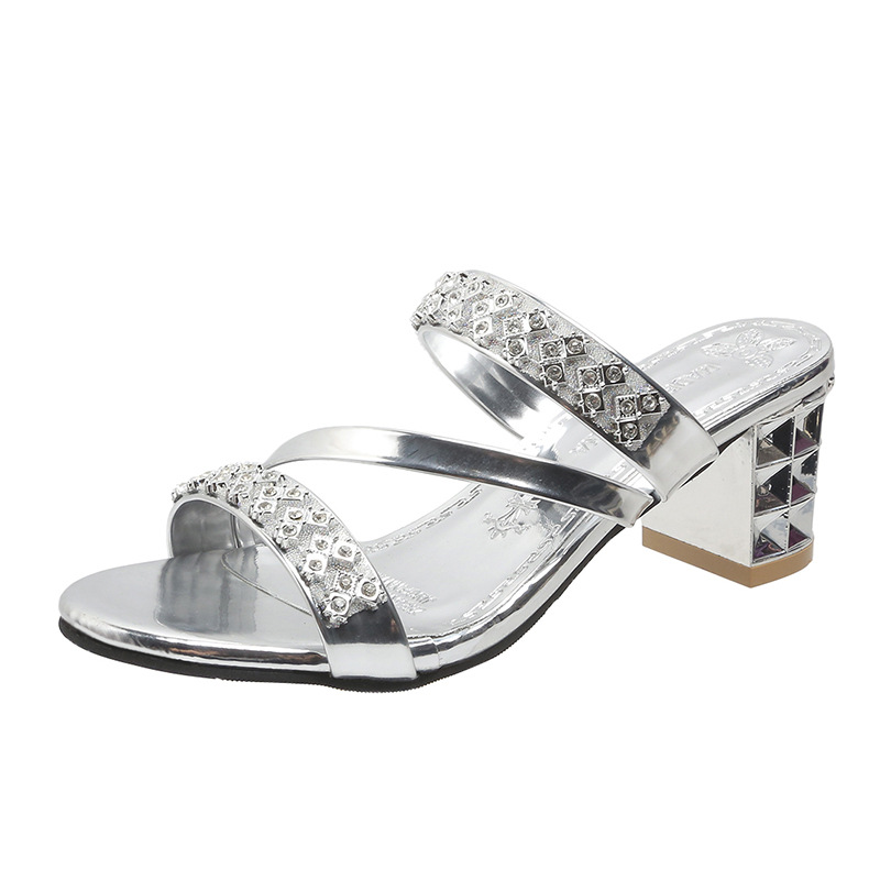 Rhinestone Chunky Heel Open Toe Slippers
