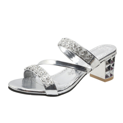 Rhinestone Chunky Heel Open Toe Slippers