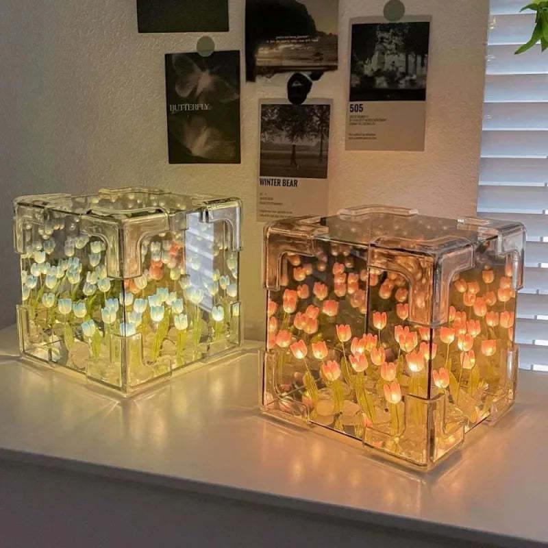 DIY Cloud/Square Tulip Mirror Night Light Simulation Flower Bedroom Sleeping Table Lamp