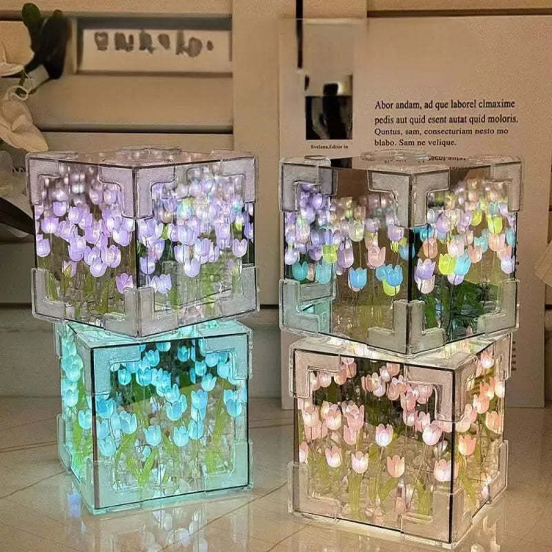 DIY Cloud/Square Tulip Mirror Night Light Simulation Flower Bedroom Sleeping Table Lamp