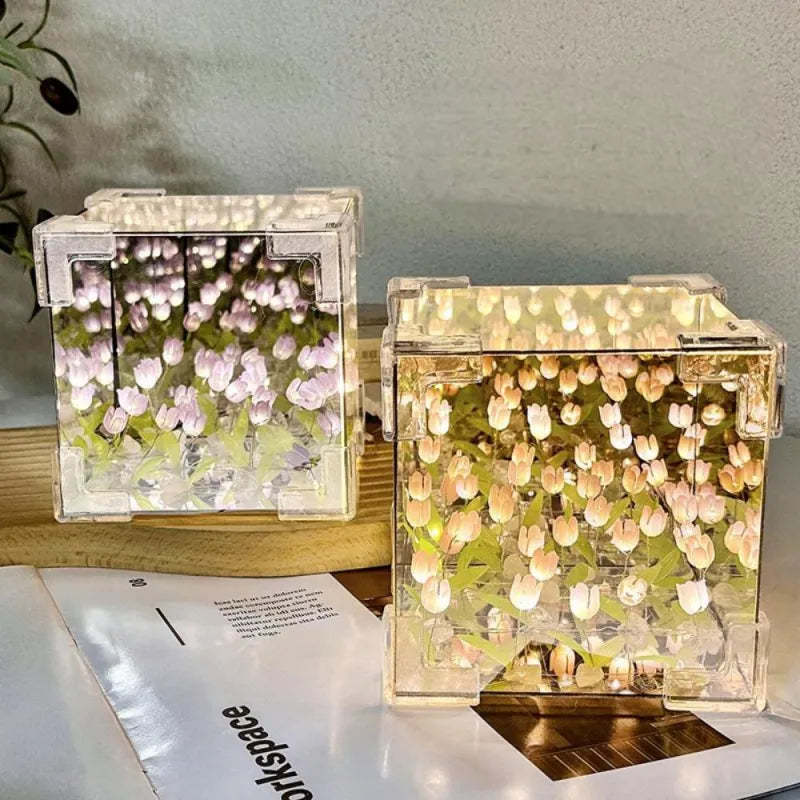 DIY Cloud/Square Tulip Mirror Night Light Simulation Flower Bedroom Sleeping Table Lamp