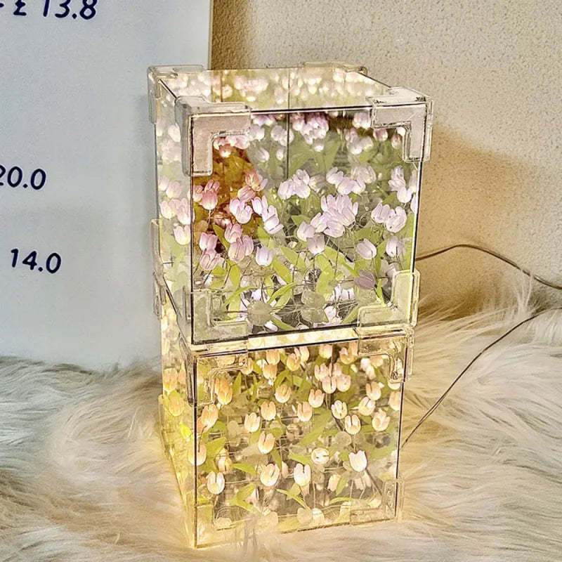 DIY Cloud/Square Tulip Mirror Night Light Simulation Flower Bedroom Sleeping Table Lamp