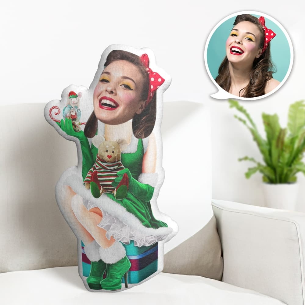 Custom Face Pillow Personalised Photo Pillow Green Christmas Dress MiniMe Pillow Gifts for Christmas - photomoonlampau