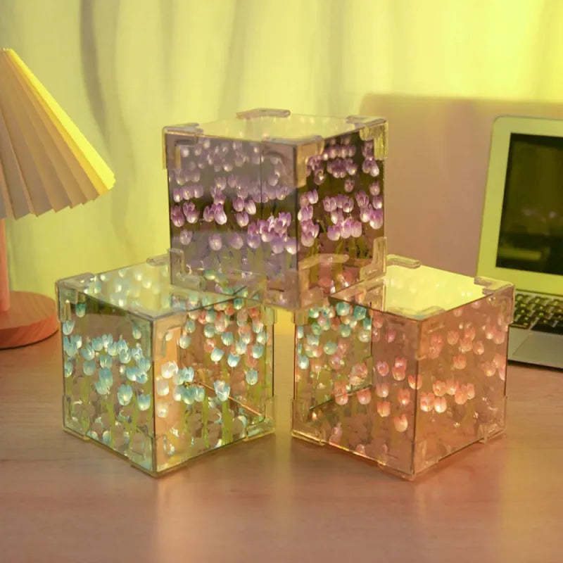 DIY Cloud/Square Tulip Mirror Night Light Simulation Flower Bedroom Sleeping Table Lamp