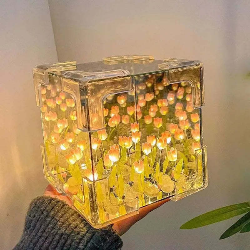 DIY Cloud/Square Tulip Mirror Night Light Simulation Flower Bedroom Sleeping Table Lamp