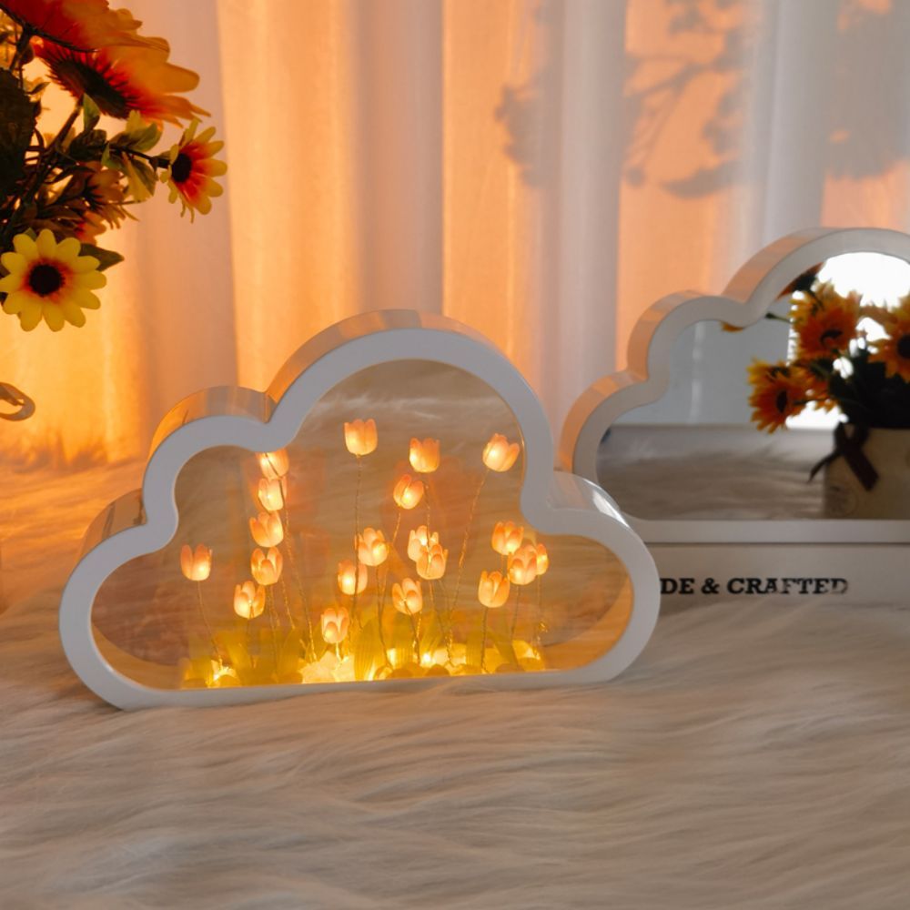 DIY Cloud Tulip Mirror Night Light Simulation Flower Bedroom Sleeping Table Lamp - photomoonlampau