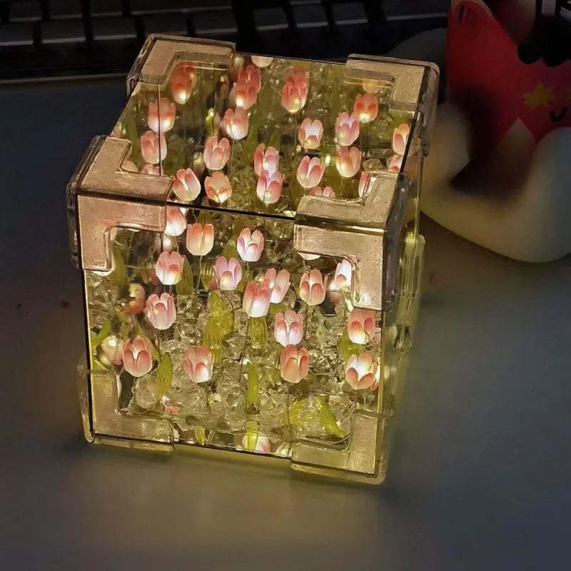 DIY Cloud/Square Tulip Mirror Night Light Simulation Flower Bedroom Sleeping Table Lamp
