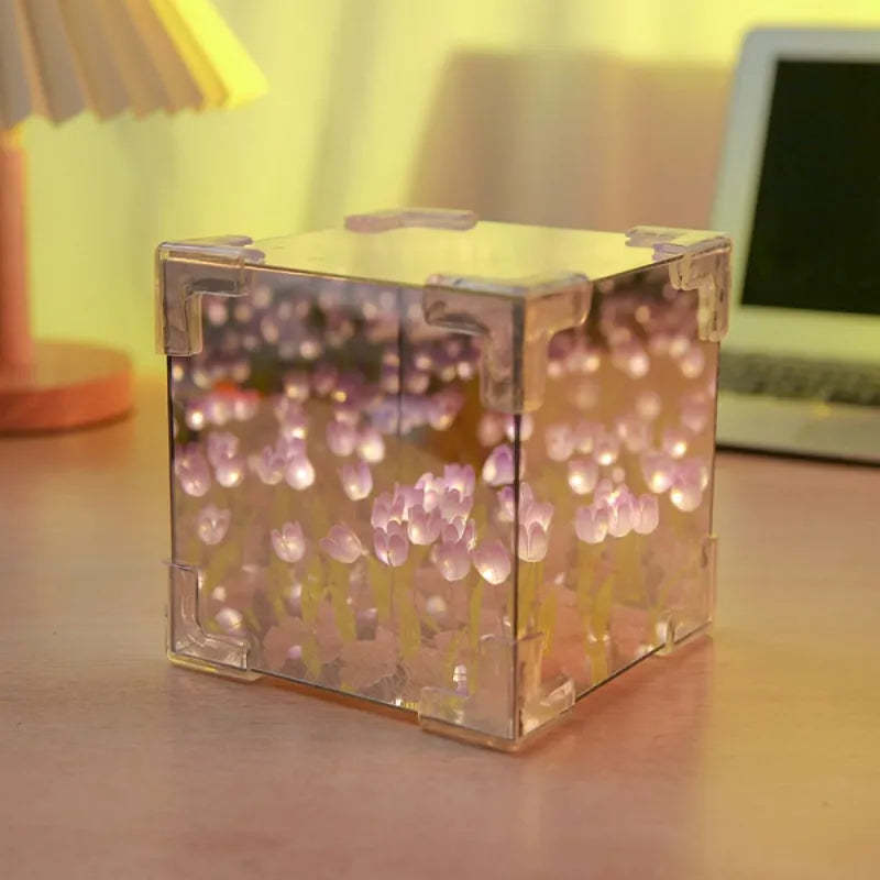 DIY Cloud/Square Tulip Mirror Night Light Simulation Flower Bedroom Sleeping Table Lamp
