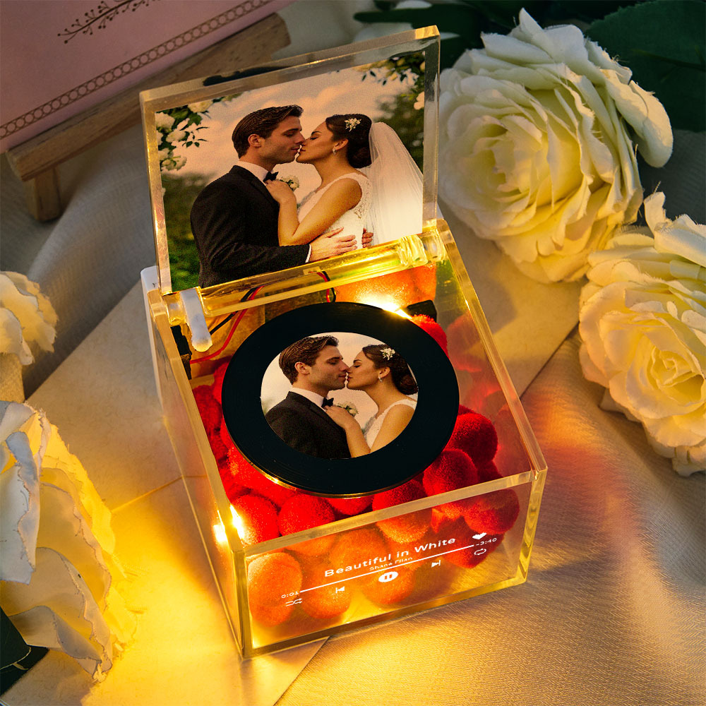 Personalized Mini Music Record Player For Wedding Custom Names and Calendar in an Acrylic Box Perfect for Newly Married Couples - photomoonlampau