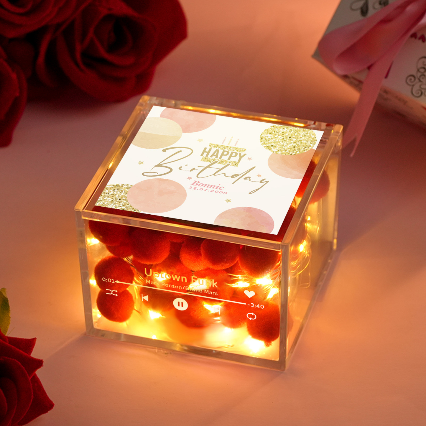 Personalized Red Heart Mini Music Record Player For Birthday Custom Names and Date in an Acrylic Box - photomoonlampau