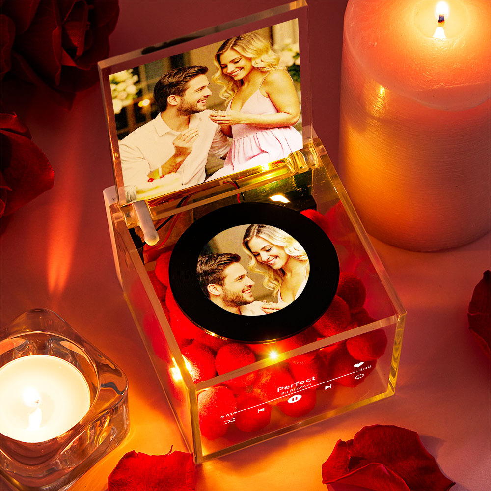 Anniversary Gifts Personalized Mini Music Record Player Custom Names and Calendar in an Acrylic Box - photomoonlampau