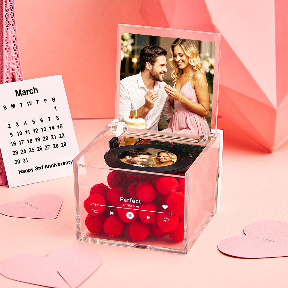 Anniversary Gifts Personalized Mini Music Record Player Custom Names and Calendar in an Acrylic Box - photomoonlampau