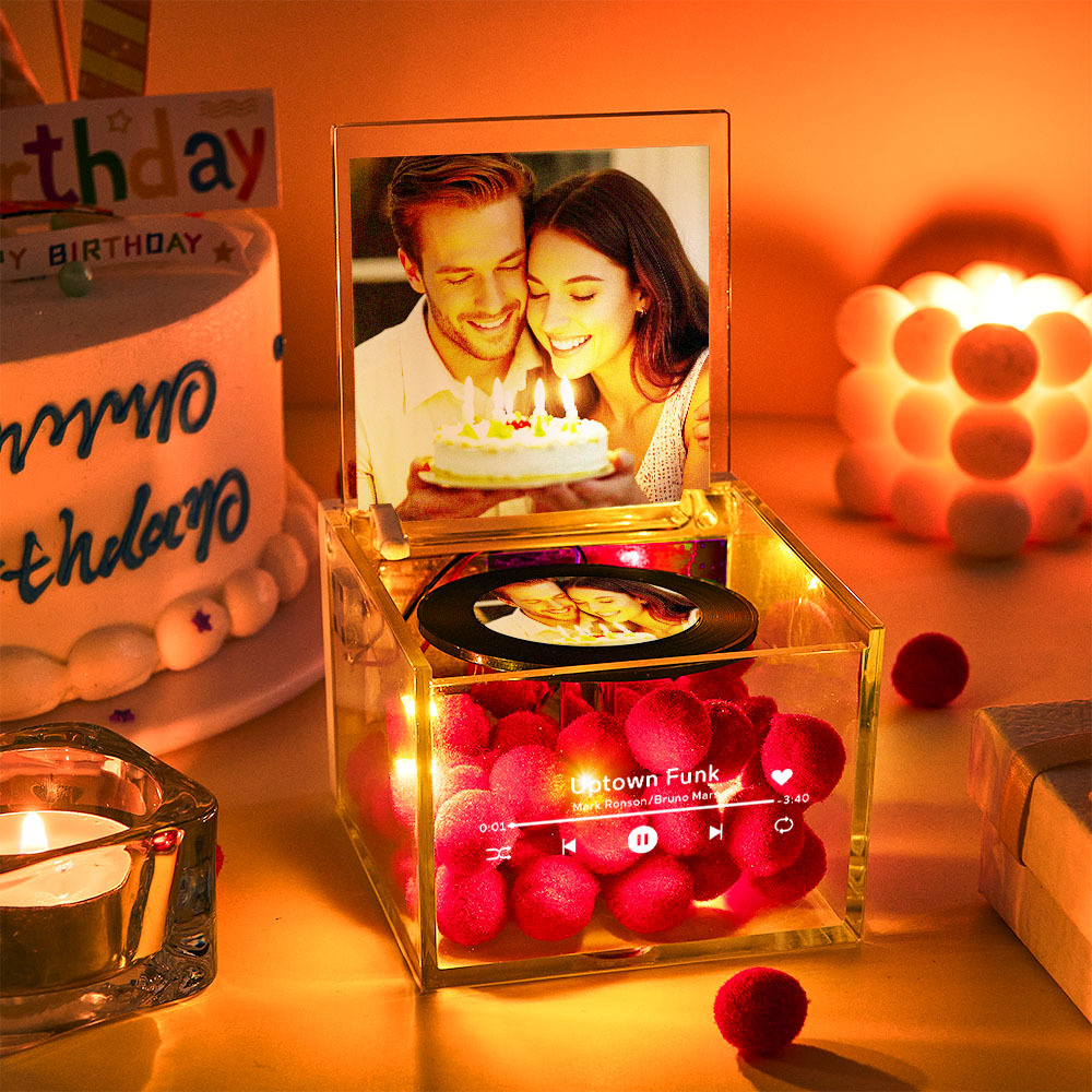 Personalized Red Heart Mini Music Record Player For Birthday Custom Names and Date in an Acrylic Box - photomoonlampau