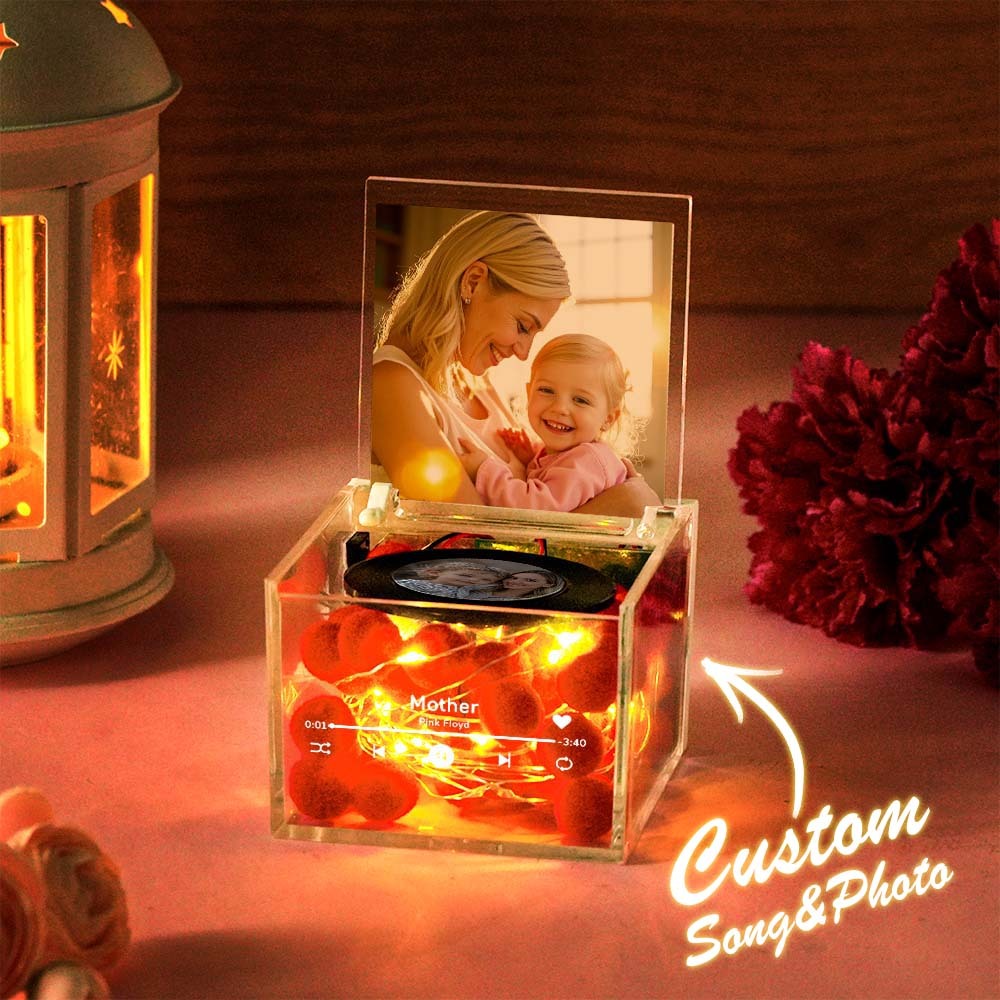 Custom Linear Art Cover Personalised Mini Vinyl Record Player For Mother`s Day Custom Acrylic Box Gift For Mum - photomoonlampau