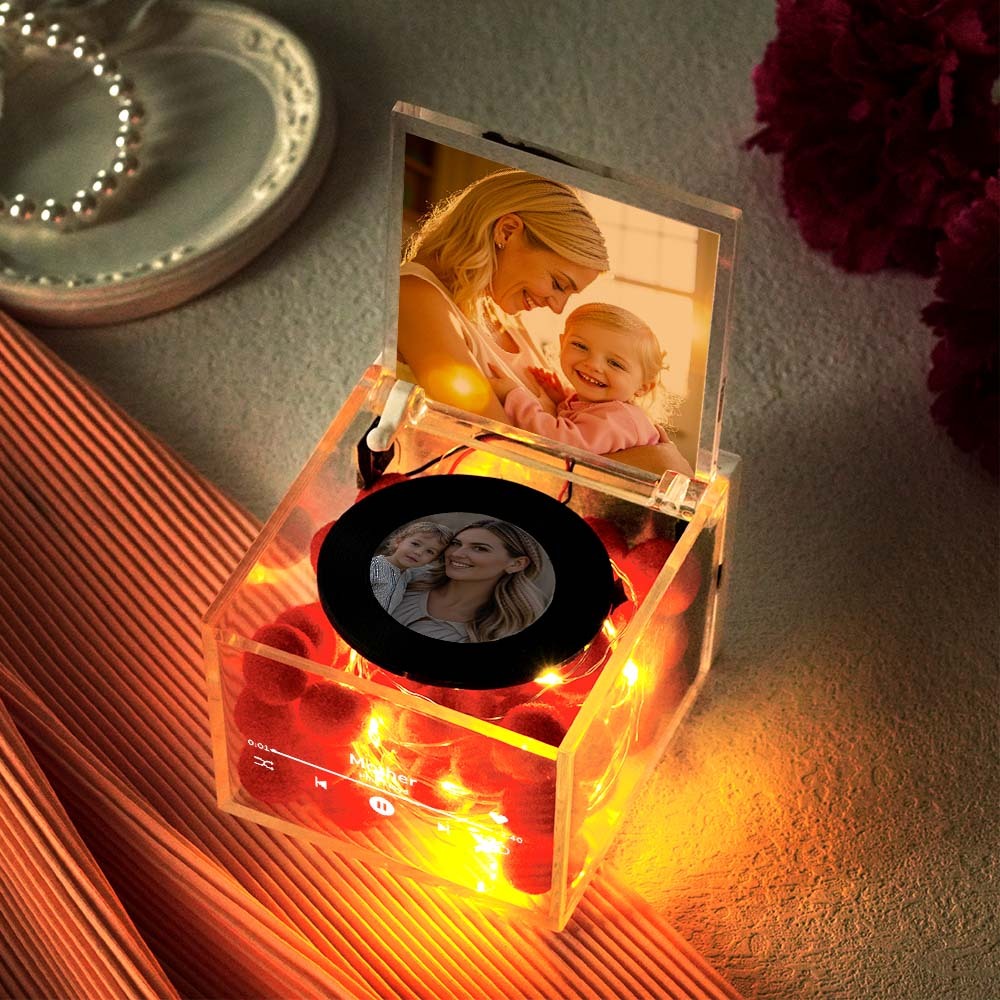 Custom Linear Art Cover Personalised Mini Vinyl Record Player For Mother`s Day Custom Acrylic Box Gift For Mum - photomoonlampau