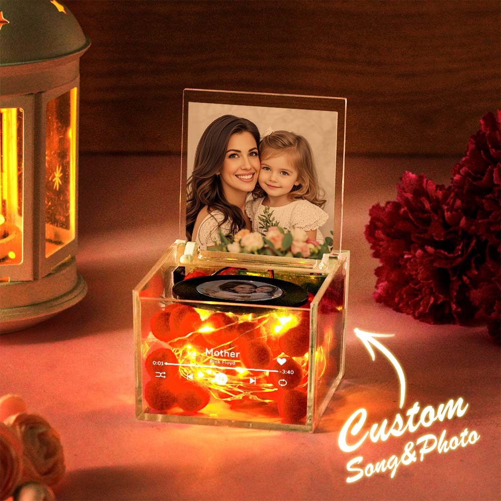 Custom Mini Vinyl Record Player in an Acrylic Box with Custom Name Cover For Mother's Day Gift for Mum - photomoonlampau