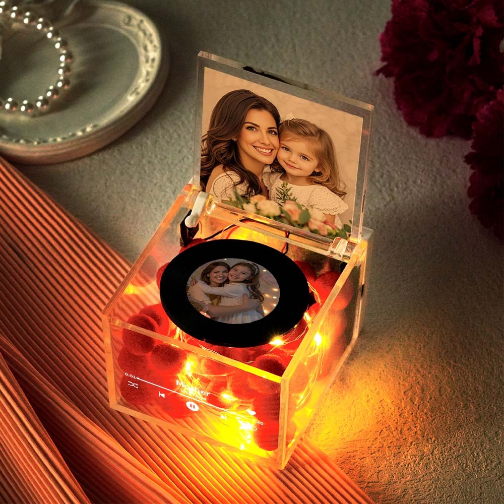 Custom Mini Vinyl Record Player in an Acrylic Box with Custom Name Cover For Mother's Day Gift for Mum - photomoonlampau