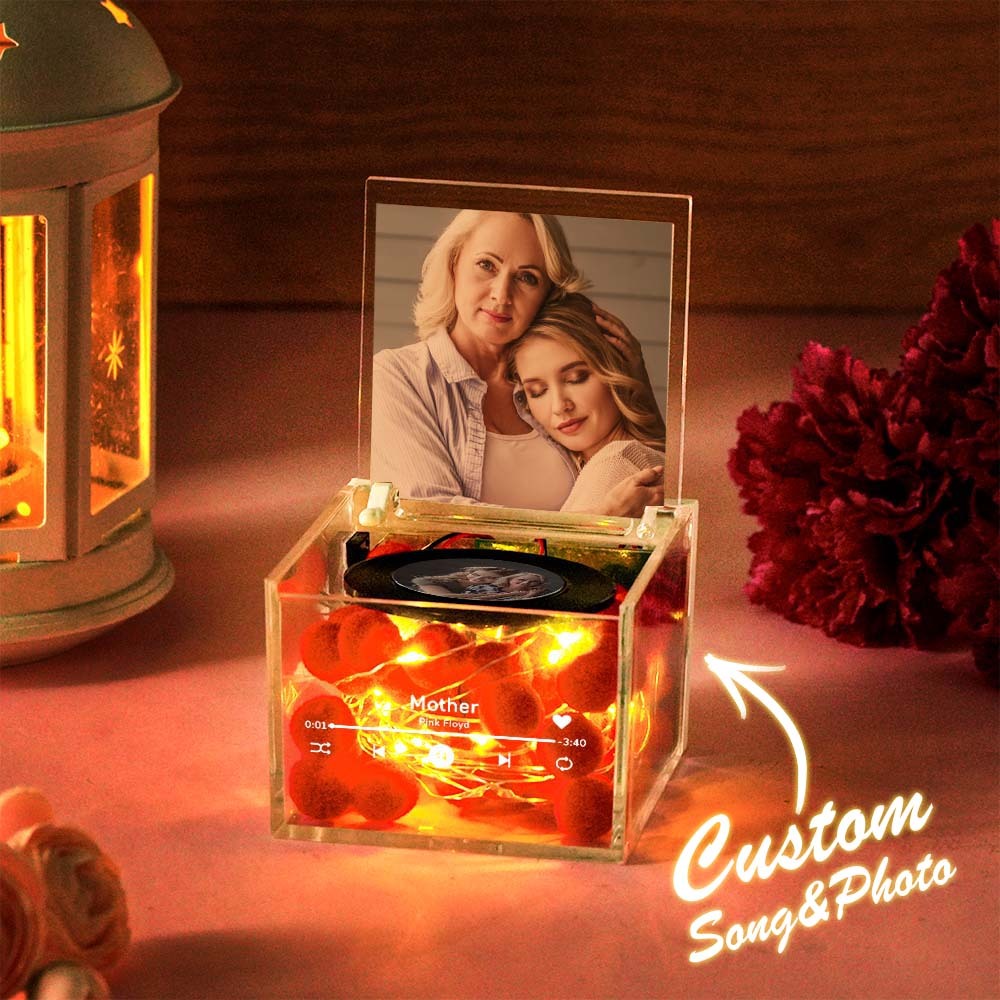 Custom Mini Vinyl Record Player in an Acrylic Box Custom Flower Name Cover Gift for Mum On Mother's Day - photomoonlampau