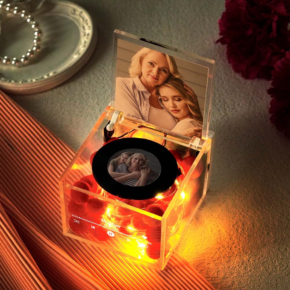 Custom Mini Vinyl Record Player in an Acrylic Box Custom Flower Name Cover Gift for Mum On Mother's Day - photomoonlampau