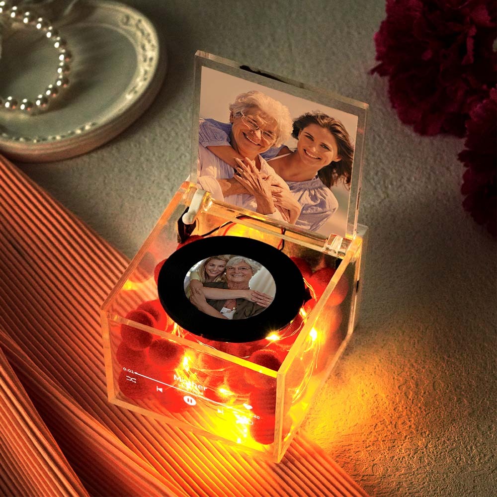 Custom Mini Vinyl Record Player in an Acrylic Box with Custom Name Cover Mother's Day Gift for Mum - photomoonlampau