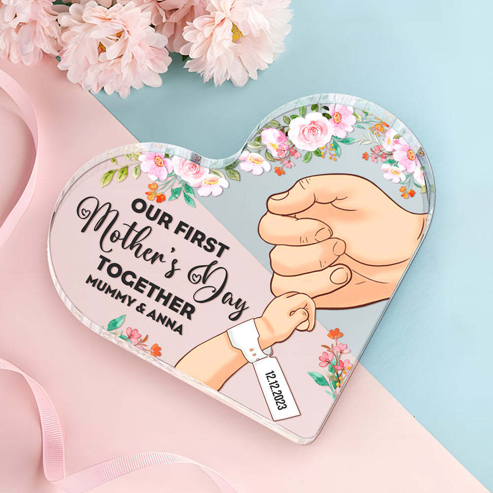 Custom Heart Shaped Acrylic Plaque Keepsake Personalized Name and Date Our First Mother's Day Together - photomoonlampau