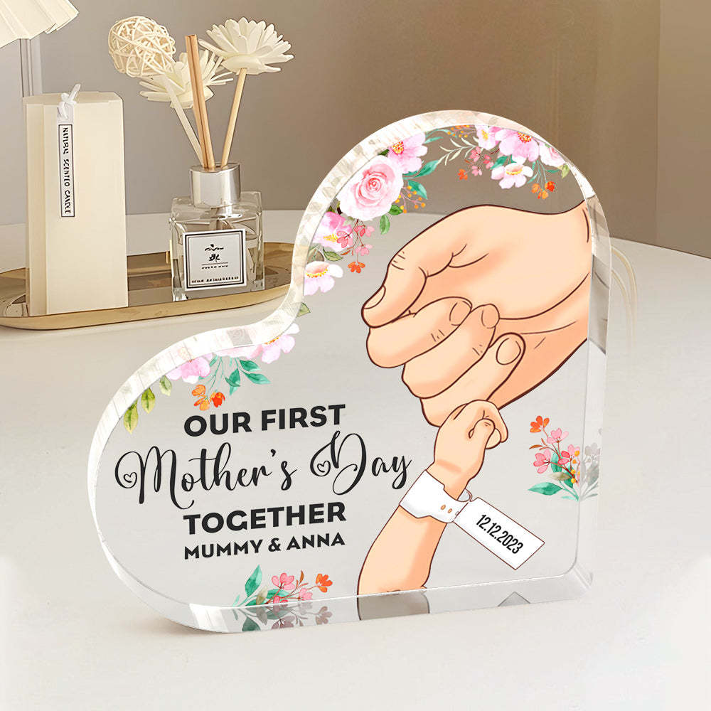 Custom Heart Shaped Acrylic Plaque Keepsake Personalized Name and Date Our First Mother's Day Together - photomoonlampau