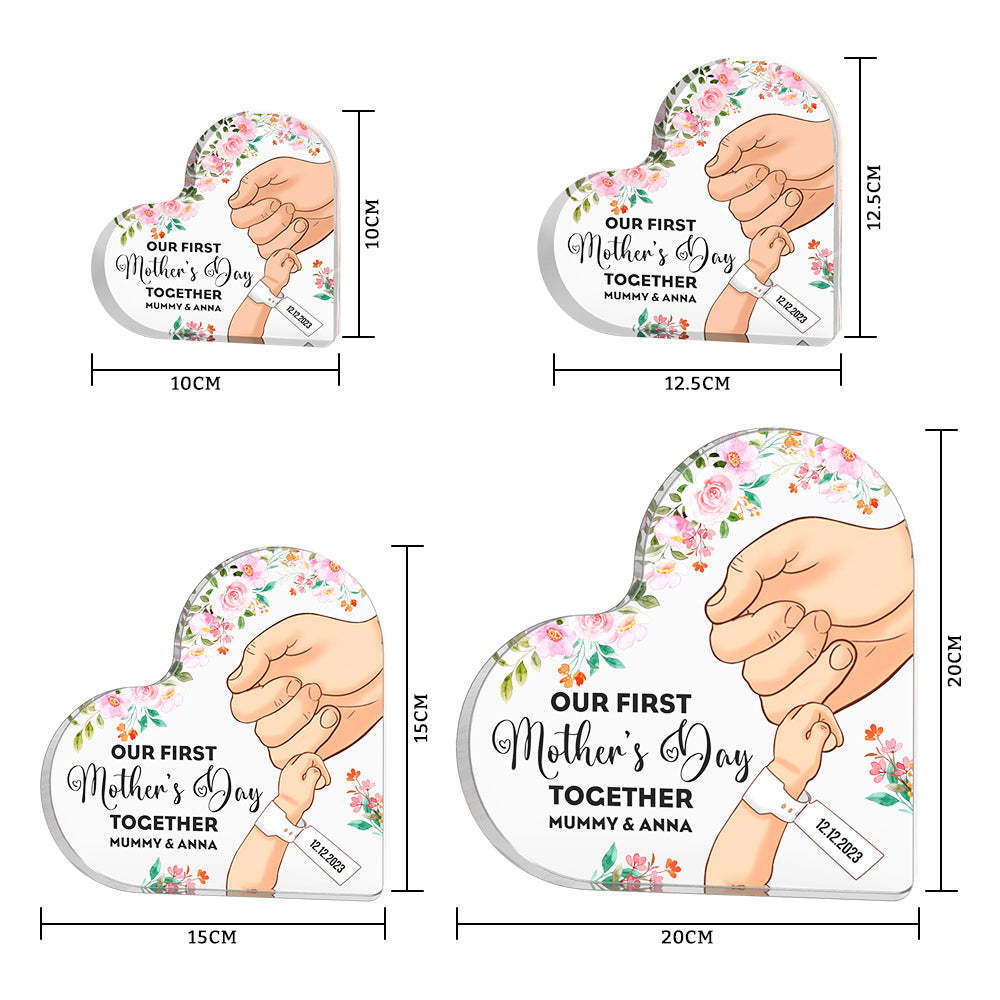 Custom Heart Shaped Acrylic Plaque Keepsake Personalized Name and Date Our First Mother's Day Together - photomoonlampau