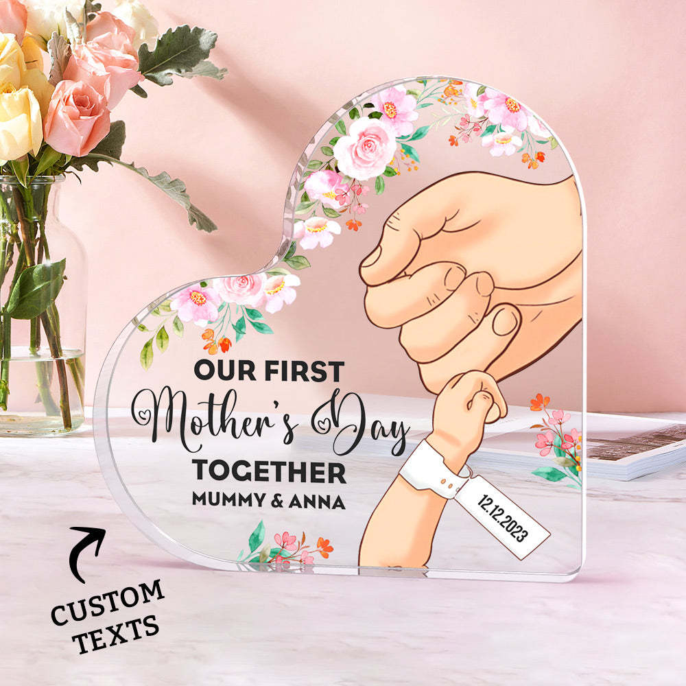 Custom Heart Shaped Acrylic Plaque Keepsake Personalized Name and Date Our First Mother's Day Together - photomoonlampau