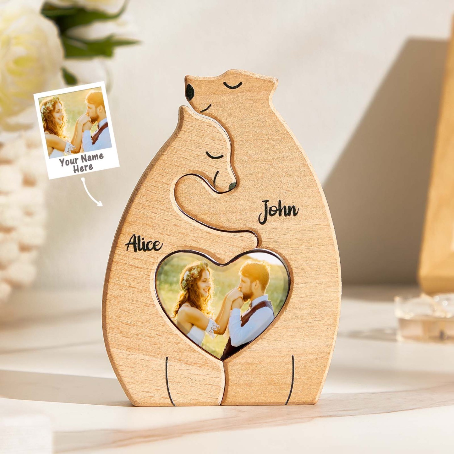 Personalized Bear Couple Wooden Art Puzzle with Names and Photos Gift for Couple - photomoonlampau