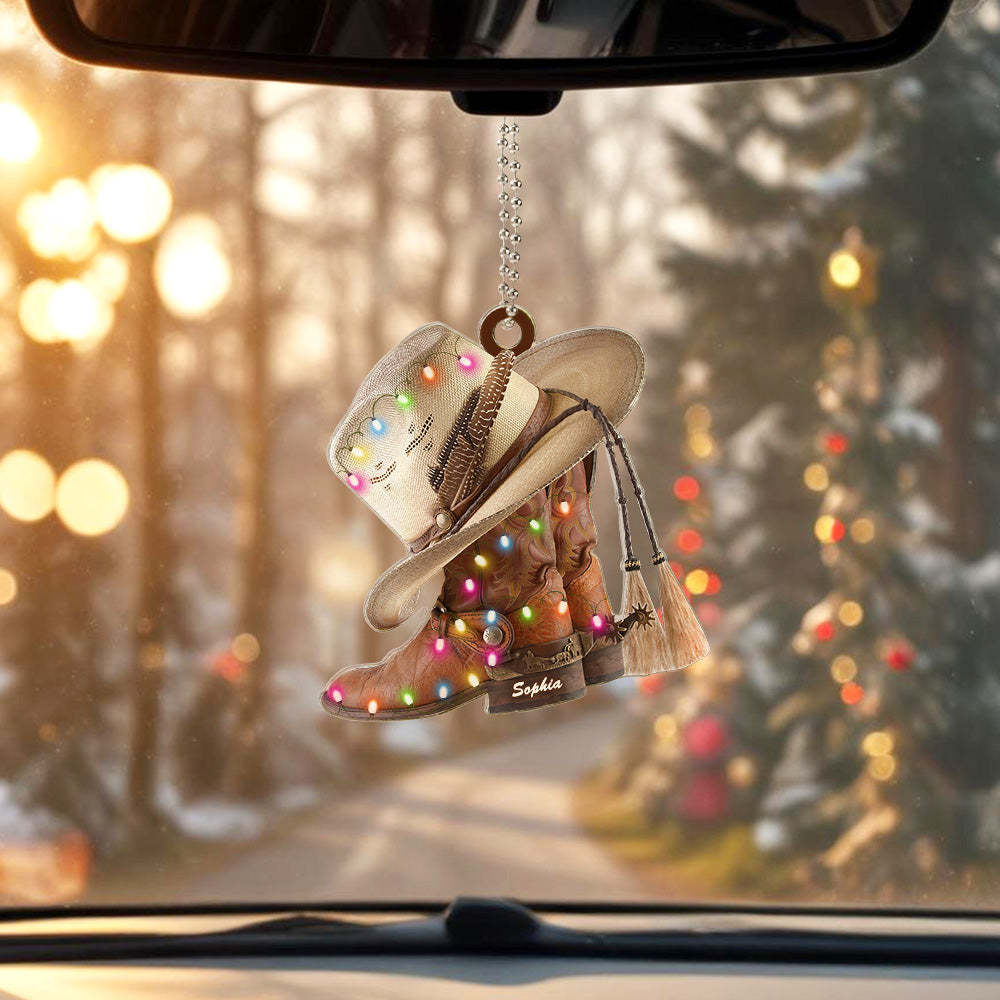 Personalized Cowboy Boots And Hat Car Ornament with Name Rearview Mirror Decoration Gift - photomoonlampau