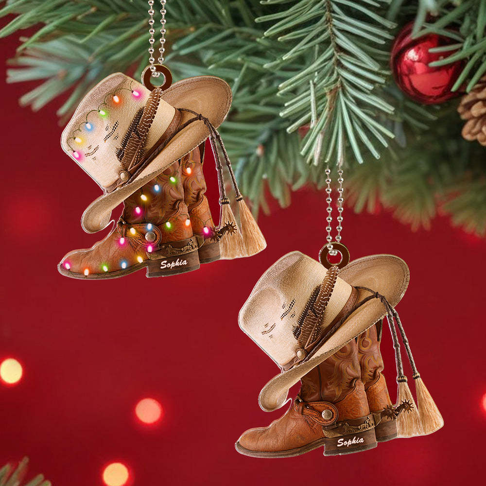 Personalized Cowboy Boots And Hat Car Ornament with Name Rearview Mirror Decoration Gift - photomoonlampau