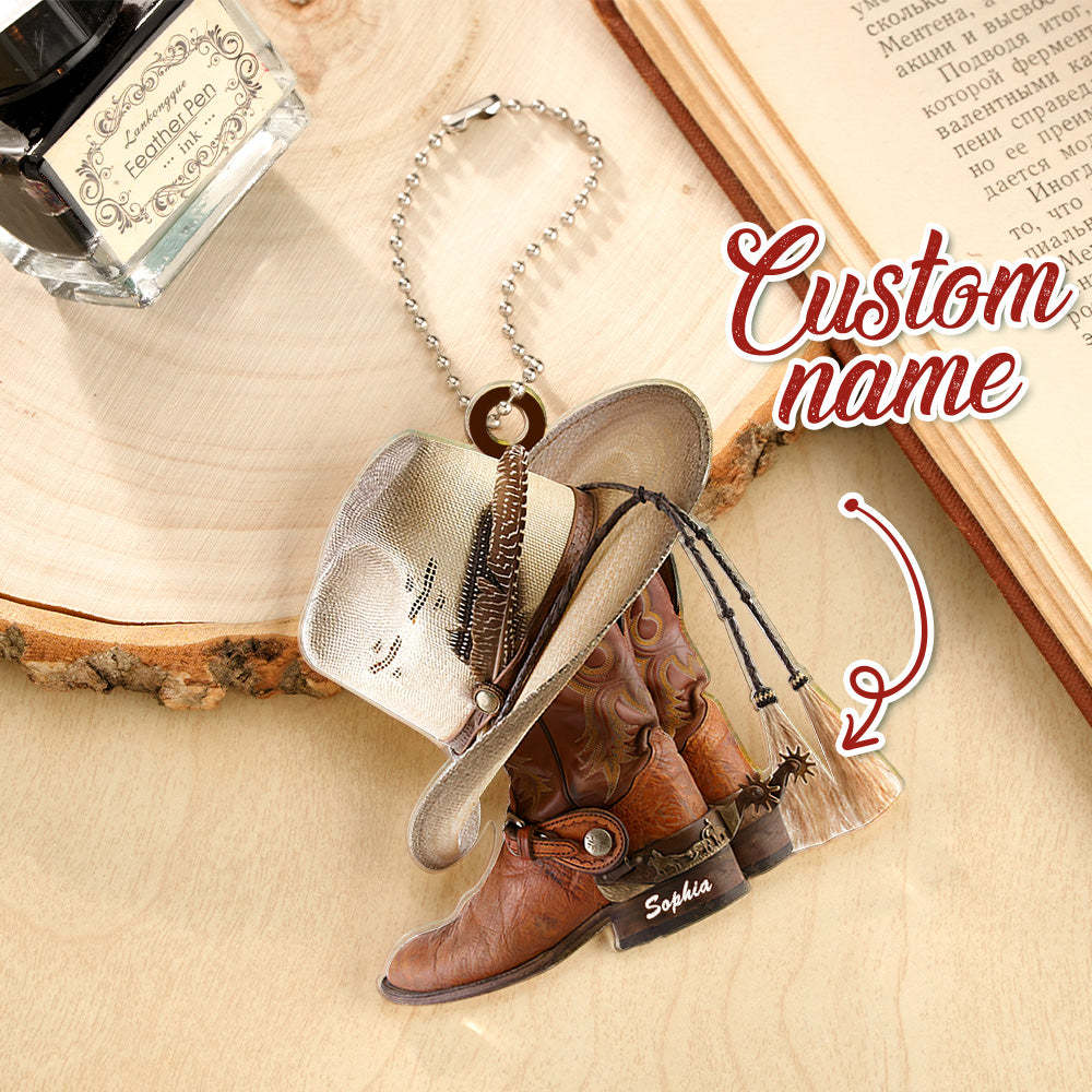Personalized Cowboy Boots And Hat Car Ornament with Name Rearview Mirror Decoration Gift - photomoonlampau