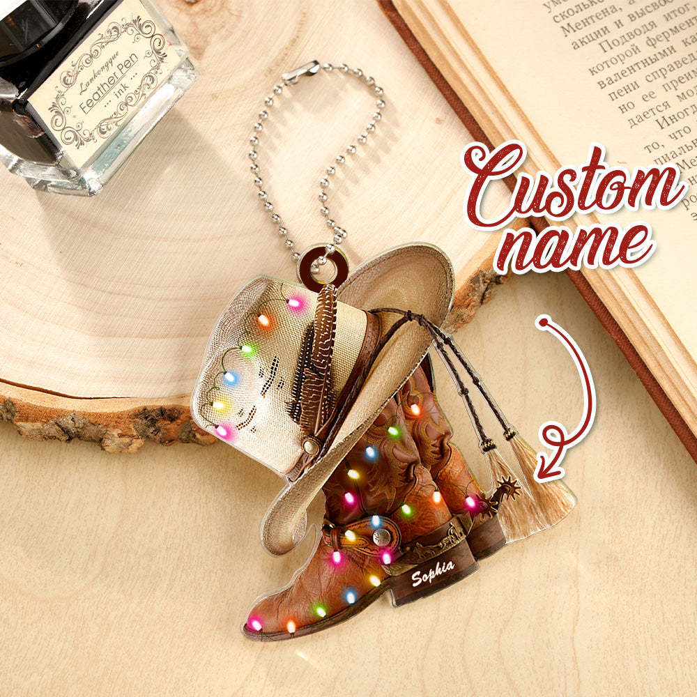 Personalized Cowboy Boots And Hat Car Ornament with Name Rearview Mirror Decoration Gift - photomoonlampau